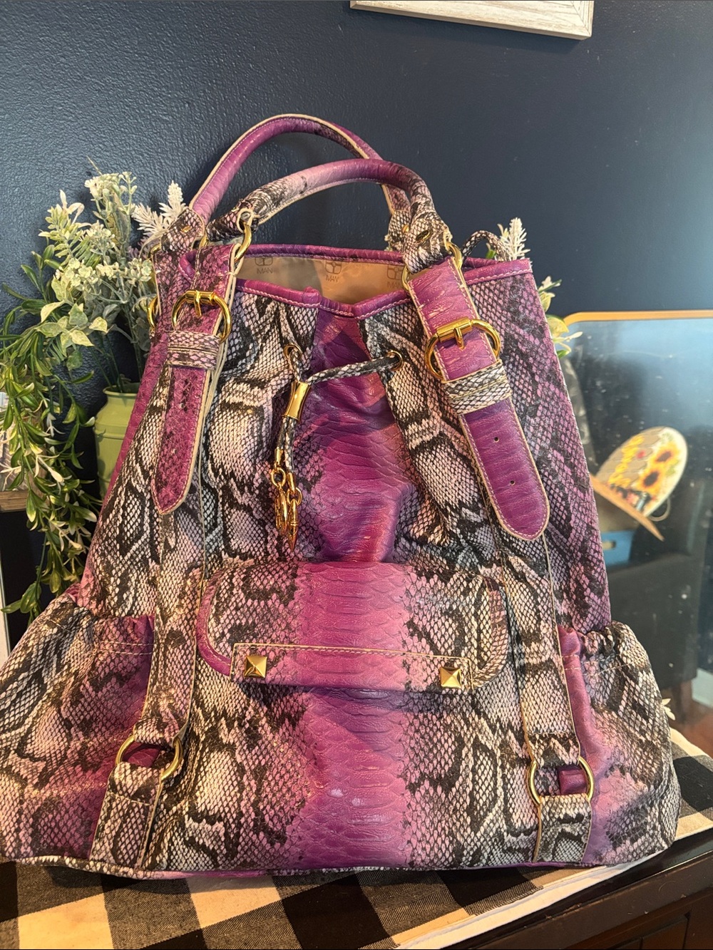 IMAN Global Chic Faux Snakeskin Drawstring Tote Bag